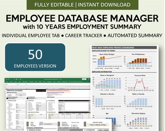 Employee Database Management System for Excel and Google Sheets | Human Resources KPI | 10 Years Career Tracker | 50 Employees