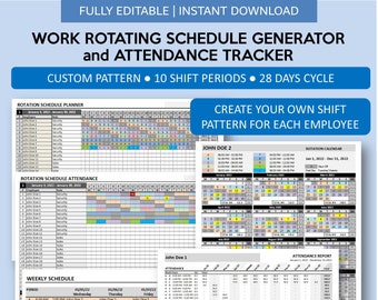 May include: A colorful digital download for a work schedule generator and attendance tracker. The template is fully editable and includes a custom pattern, 10 shift periods, and a 28-day cycle. It allows for planning rotations for up to 25 employees, recording absences, and automating work hour calculations. The template is compatible with Excel and Google Sheets.