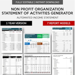 May include: A digital template for a non-profit organization's statement of activities. The template is fully editable and includes 7 report models. The template is for Excel and Google Sheets. The text "growSHEET.etsy.com" is at the bottom of the image.