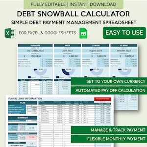 Hoja de cálculo de bola de nieve de deuda / Rastreador de pagos de préstamos / Calculadora de pago de deuda para Excel y Google Sheets / Calculadora de reducción de deuda