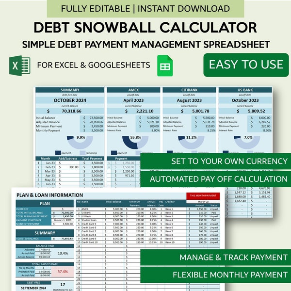 Debt Snowball Spreadsheet | Loan Payment Tracker | Debt Payoff Calculator for Excel and Google Sheets | Debt Reduction Calculator