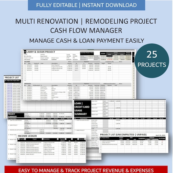 Multi Remodeling and Renovation Project Cash Flow Tracker Spreadsheet | Project Cash Flow and Loan Management | 25 Projects | XL GSheets