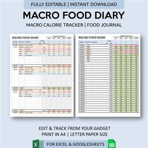 Macro Food Diary | Daily Food Journal with Macro Calculator for Excel and Googlesheets | Digital Food Diary Template | Macro Food Tracker