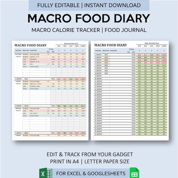 Macro Food Diary | Journal alimentaire quotidien avec calculatrice de macros pour Excel et Googlesheets | Modèle de journal alimentaire numérique | Macro Food Tracker
