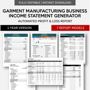 May include: A digital download for a garment manufacturing business income statement generator. The image shows a preview of the Excel spreadsheet template with the title "Neat Heat Profit & Loss Statement". The template includes sections for revenue, cost of sales, gross profit/loss, expenses, and net profit/loss. The image also includes the text "1 Year Version" and "7 Report Models".