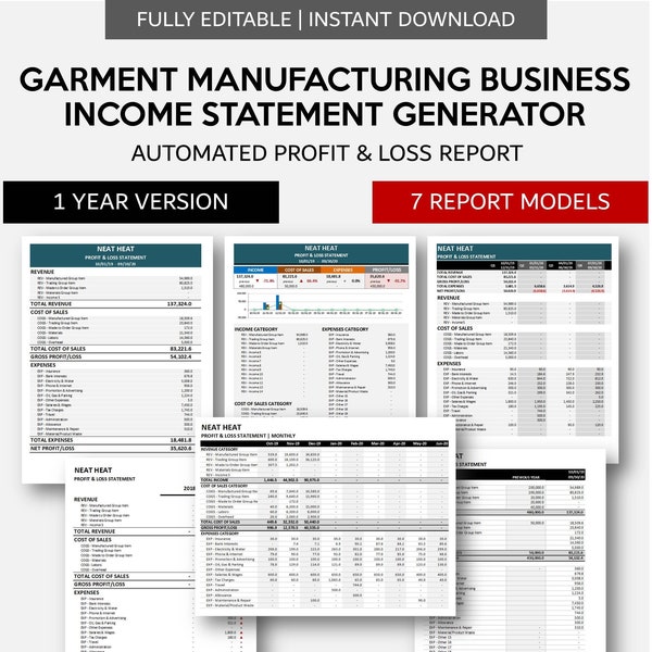 Garment Manufacturing Business Income Statement Generator | Automated Profit & Loss | Simple Bookkeeping for Small Business | XL | GSheets