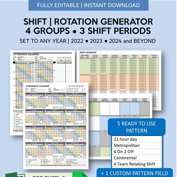 Employee Work Shift Schedule Generator | Hourly Work Scheduler | Automated Work Rotating 3 Shift 4 Groups | Printable Excel - Google Sheets