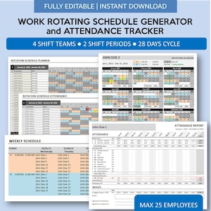 Könnte beinhalten: Ein digitaler Arbeitszeitplan-Generator und Anwesenheits-Tracker. Das blau-weiße Dokument enthält einen Rotationsplaner, einen Wochenplan und einen Anwesenheitsbericht. Funktionen umfassen die automatische Berechnung der Arbeitszeit und verschiedene Layouts.