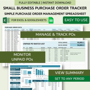 Purchase Order Tracker Spreadsheet | Simple Small Business Purchase Order Management | Supplier Payment Tracker | Google Sheets and Excel