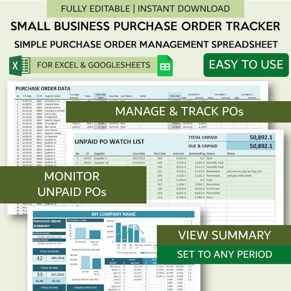 Feuille de calcul de suivi des bons de commande | Gestion simple des bons de commande pour petites entreprises | Suivi des paiements fournisseurs | Google Sheets et Excel