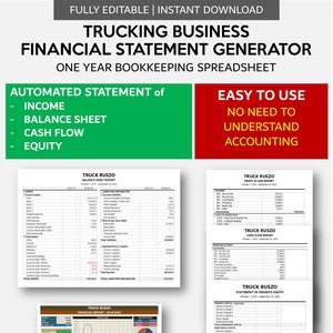 Trucking Business Financial Statement Generator | Automated Profit & Loss - Balance Sheet - Cash Flow Statement for Excel and Googlesheets