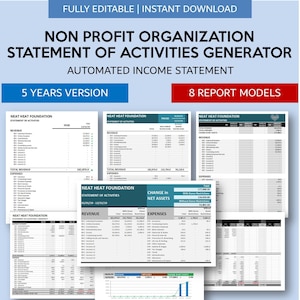 Non Profit Organization Income Statement Generator | Charitable Organization Statement of Activities Report | Excel | Googlesheets
