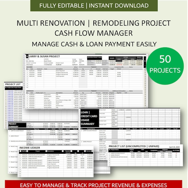 Multi Remodeling and Renovation Project Cash Flow Tracker Spreadsheet | Project Cash Flow and Loan Management | 50 Projects | XL GSheets
