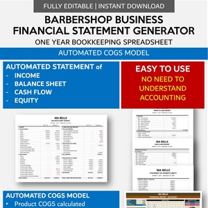 Barbershop Business Financial Statement Generator | Automated Income - Balance Sheet - Cash Flow Statement | Automated COGS | XL | GSheets