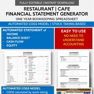 May include: A colorful infographic showing a spreadsheet template for restaurant and cafe owners to generate financial statements. The template includes automated COGS calculations, stock taking, and separate sections for made-to-order and ready-to-drink/meal menus. The infographic also includes a dashboard to view financial performance quickly. The text "FULLY EDITABLE | INSTANT DOWNLOAD" is at the top of the image. The text "RESTAURANT | CAFE FINANCIAL STATEMENT GENERATOR" is in a larger font size than the rest of the text. The text "ONE YEAR BOOKKEEPING SPREADSHEET" is below the title. The text "AUTOMATED COGS MODEL | STOCK TAKING BASED" is below the spreadsheet description. The text "AUTOMATED STATEMENT of INCOME BALANCE SHEET CASH FLOW EQUITY" is on the left side of the image. The text "EASY TO USE NO NEED TO UNDERSTAND ACCOUNTING" is on the right side of the image. The text "FOR EXCEL & GOOGLESHEETS" is at the bottom of the image. The text "PLUS DASHBOARD to VIEW YOUR FINANCIAL PERFORMANCE QUICKLY" is at the bottom of the image.