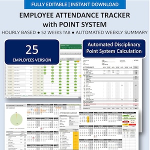 May include: A spreadsheet template for tracking employee attendance and calculating disciplinary points. The template is designed for 25 employees and includes a 52-week tab, automated weekly summary, and an attendance calendar. The template is compatible with Excel and Google Sheets.