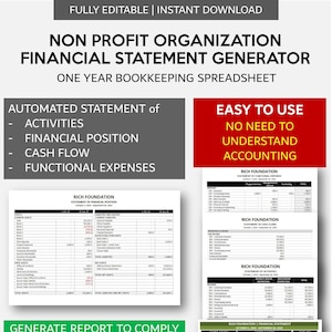 Könnte beinhalten: Eine digitale Tabellenvorlage für gemeinnützige Organisationen. Die Vorlage enthält automatisierte Aussagen über Aktivitäten, Finanzlage, Cashflow und Funktionsaufwendungen. Die Vorlage ist einfach zu bedienen und generiert Berichte, die den internationalen Standards entsprechen. Die Vorlage ist kompatibel mit Excel und Google Sheets. Das Bild enthält auch ein Dashboard, um die finanzielle Performance schnell zu betrachten.