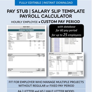 Pode incluir: Modelo de contracheque e recibo de salário editável para funcionários horistas. O modelo inclui um banco de dados para até 60 períodos de pagamento e 25 funcionários. O modelo está disponível para Excel e Google Sheets. O texto "GROW SHEET" está em uma caixa verde com uma estrela branca.