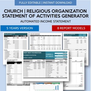 Church Income Statement Generator | Religious Organization Statement of Activities Report | 5 Years Period | XL | GSheets