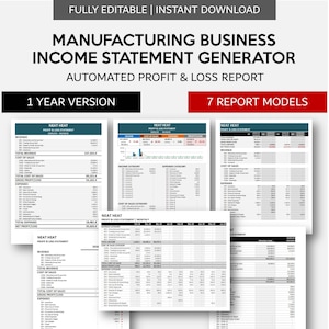 May include: A digital download for a manufacturing business income statement generator. The image shows a spreadsheet with a variety of financial data, including revenue, cost of sales, gross profit, expenses, and net profit. The spreadsheet is designed to be used in Excel or Google Sheets. The image also includes the text "Grow Sheet" and "growSHEET.etsy.com".
