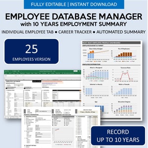 Employee Database Management System for Excel and Google Sheets | Human Resources KPI | 10 Years Career Tracker | 25 Employees