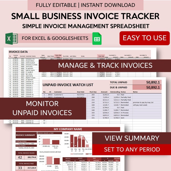 Invoice Tracker Spreadsheet | Small Business Invoice Management | Simple Invoice Tracker Google Sheets and Excel | Customer Payment Tracker