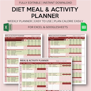 Op de afbeelding: Een printbare dieet- en activiteitenplanner voor Excel en Google Sheets. De planner bevat een wekelijks eet- en activiteitenlogboek, met kolommen voor tijd, naam van de maaltijd of activiteit, calorieën, eiwitten, vetten en koolhydraten. De planner bevat ook een sectie voor het bijhouden van het start- en eindgewicht.