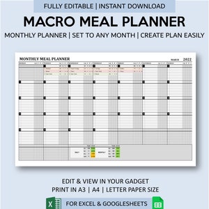 Macro Meal Planner for Excel and Google Sheets | Fully Editable Monthly Diet Planner with Meal Ideas List and Automated Calorie Tracker