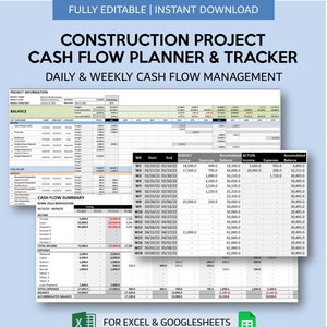 Construction Project Cash Flow Planner and Tracker Spreadsheet | Daily & Weekly Project Cash Flow Management for Excel and Googlesheets