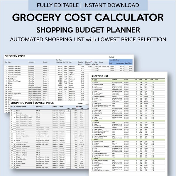 Grocery Cost Calculator with Automated Lowest Price Filter | Shopping Budget Planner | Grocery List Generator for Excel and Googlesheets