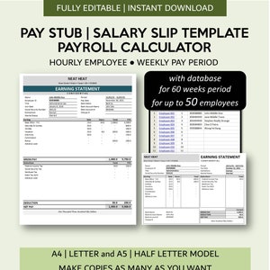 Pay Stub Generator | Salary Slip Creator with Hourly Employee Database | Weekly Pay Period | Payroll Manager for Excel and Googlesheets image 1