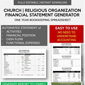 Könnte beinhalten: Eine Tabellenvorlage für Kirchen und religiöse Organisationen, um Finanzberichte zu erstellen. Die Vorlage enthält automatisierte Berichte über Aktivitäten, Finanzlage, Cashflow und Funktionsaufwendungen. Sie enthält auch ein Dashboard, um die finanzielle Performance schnell zu betrachten. Die Vorlage ist vollständig editierbar und kann in Excel oder Google Sheets verwendet werden.