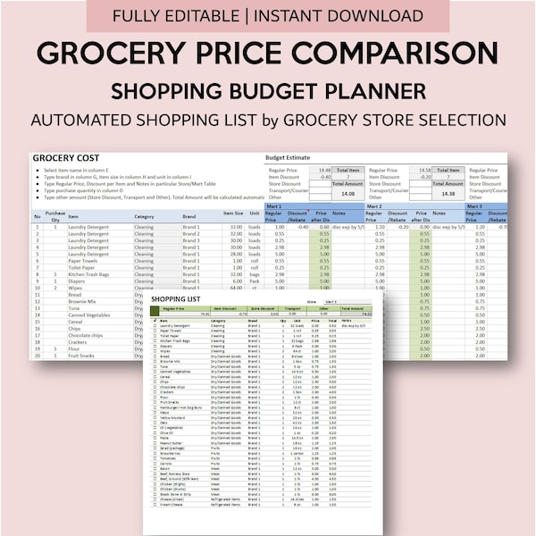 Grocery Price Comparison with Automated Shopping List Generator | Shopping Budget Planner | Grocery List Generator | Excel and Googlesheets