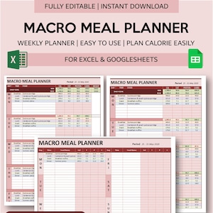 Macro Meal Planner für Excel und Googlesheets | Vollständig editierbarer Wöchentlicher Diät-Planer mit Mahlzeiten Ideen Liste und automatischem Kalorien-Tracker