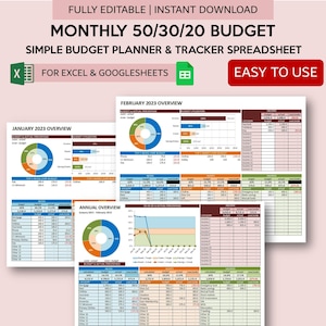 Modelo de orçamento mensal 50/30/20 | Rastreador de despesas | Planejador de orçamento digital | Planilha de orçamento para Excel e Planilhas Google