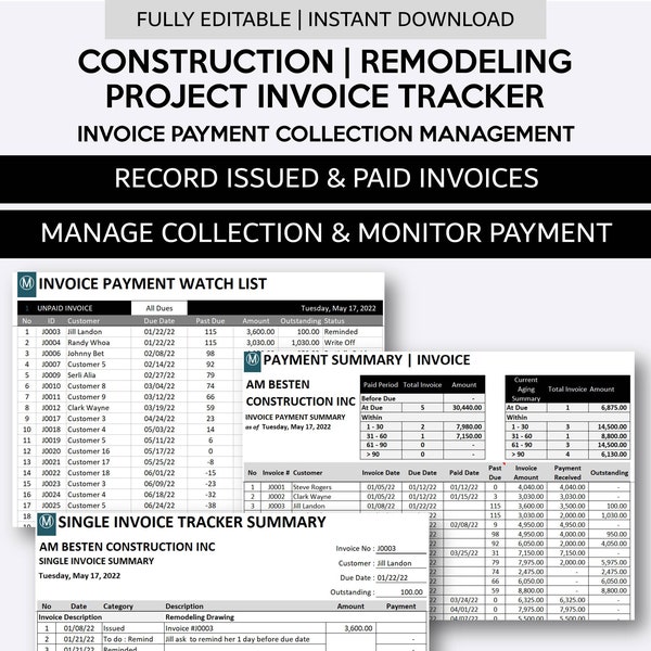 Construction Project Invoice Payment Tracker and Collection Management | Remodeling & Renovation Receivable Manager | Excel and Googlesheets