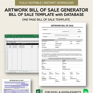 May include: A printable artwork bill of sale template with a database. The template includes fields for the seller and buyer information, artwork details, and copyright and reproduction rights. The template is designed for use with Microsoft Excel and Google Sheets.