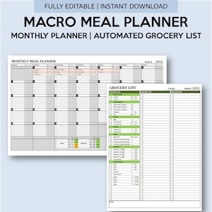 May include: A printable macro meal planner and grocery list template for Excel and Google Sheets. The template includes a monthly meal planner with daily and monthly calorie tracking, and a grocery list with checkboxes for bulk foods, condiments, dairy, meat, staples, and vegetables.
