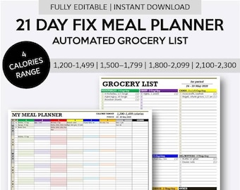21 Day Fix Meal Planner with Automated Grocery List | Weekly Diet Menu Planner with Shopping List