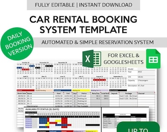 Car Rental Daily Booking Template | Auto Rental Reservation Template | Vehicle Rental Booking Management Excel and Googlesheets Template