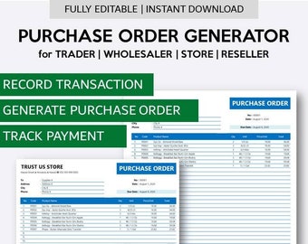 Purchase Order Generator for Trading Companies| Purchase Order Template with Database for Excel | Purchase Order Maker for Small Business