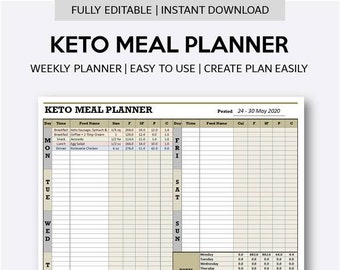 Keto Meal Planner - Excel Template | Fully Editable Ketogenic Weekly Planner with Meal Ideas List with Automatic Carbs Calculator