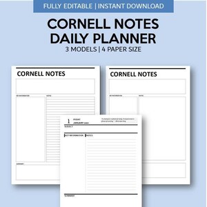 May include: A printable Cornell Notes daily planner template with three different models and four paper sizes. The template includes sections for key information, notes, summary, agenda, and to-do list. The template is fully editable and can be downloaded instantly.