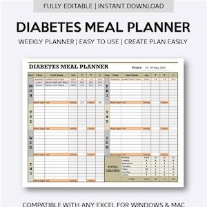 May include: A printable diabetes meal planner template for the week of May 24-30, 2020. The template includes columns for day, time, food name, calories, total carbohydrates, protein, and fat. The template also includes a section for tracking blood sugar levels.