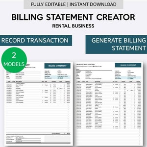 May include: A printable Excel spreadsheet template for creating billing statements for a rental business. The template includes two models, one for recording transactions and one for generating billing statements. The template is compatible with Excel 2007 and later versions.