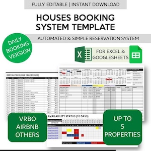 Short Term Rental House Booking System Template | Vacation Houses Reservation Manager | Beach Houses Booking Excel and Google Sheets