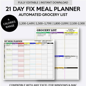 21 Day Fix Meal Planner with Automated Grocery List | Weekly Diet Menu Planner with Shopping List