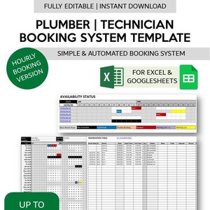May include: A green and white printable Excel spreadsheet template for a plumber or technician booking system. The template includes a calendar view for scheduling appointments and a reservation table for tracking customer information. The text "FOR EXCEL & GOOGLESHEETS" is displayed in a white box with a green Excel icon and a green Google Sheets icon.