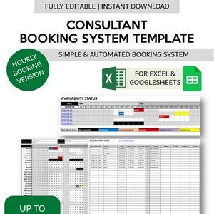 Könnte beinhalten: Ein grünes Rechteck mit dem Text "UP TO 5 PERSONS" in Weiß. Ein Screenshot einer Tabellenkalkulation mit dem Titel "CONSULTANT BOOKING SYSTEM TEMPLATE" und dem Text "FOR EXCEL & GOOGLESHEETS". Die Tabellenkalkulation hat eine Kalenderansicht mit dem Text "AVAILABILITY STATUS" und eine Tabellenansicht mit dem Text "RESERVATION TABLE".