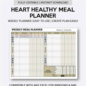 May include: A printable heart-healthy meal planner with a weekly calendar layout. The planner includes columns for day, time, food name, calories, fat, protein, and carbohydrates. The planner is compatible with Excel 2007 for Windows and 2008 for Mac. The text "growSHEET.etsy.com" is at the bottom of the page.